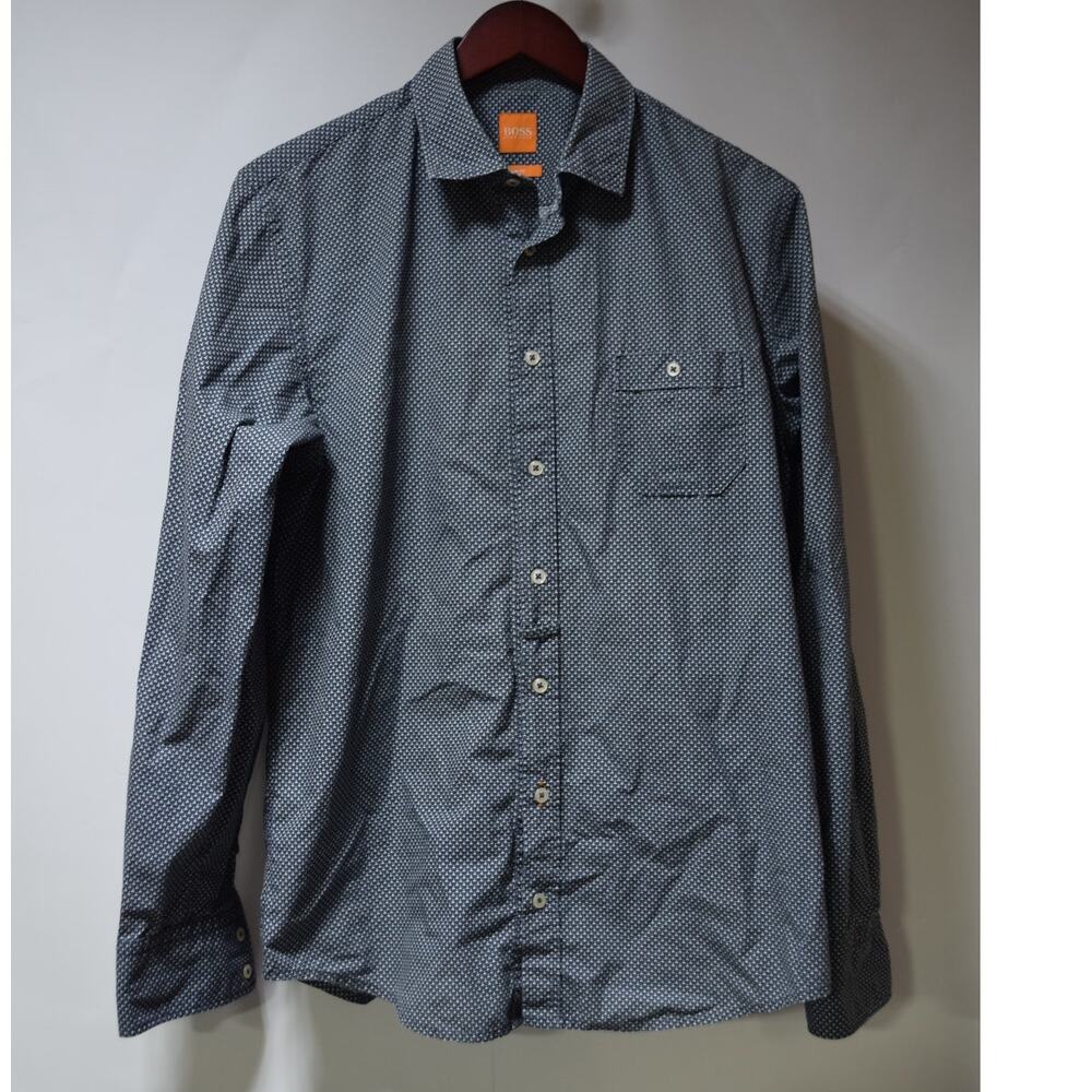 Hugo Boss Orange Label Mens Button Down Shirt Blue Micro Print Long Sleeve Large